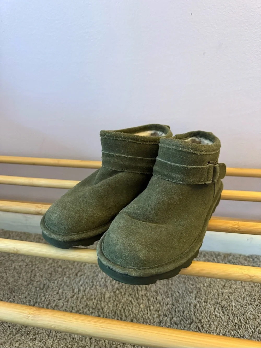 BearPaw Olive Suede Shearling Ankle Boots with Buckle Accent